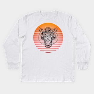 Retro Growling Tiger On A 80's Sun Background Kids Long Sleeve T-Shirt